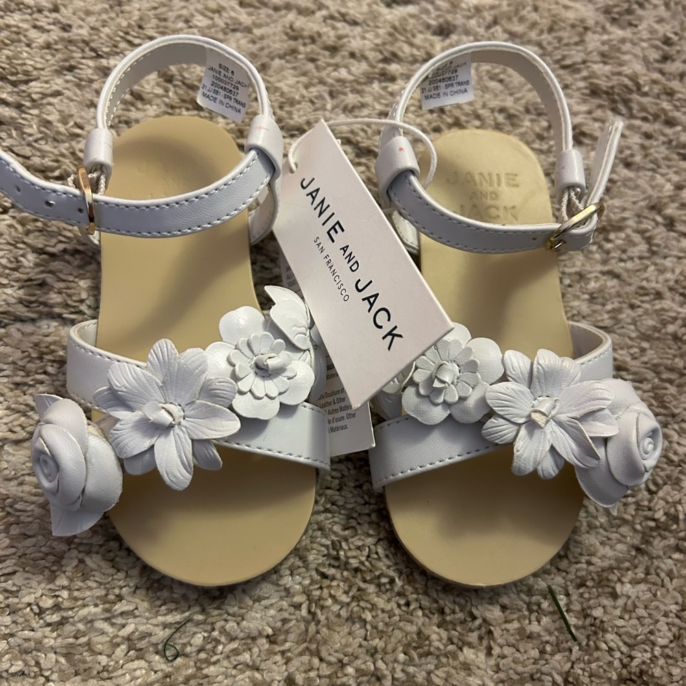 Janie and Jack White Open-Toe Sandals with Floral Accents